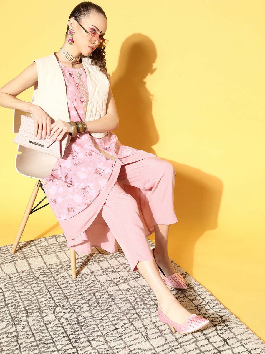 Ahalyaa Women Rose Colour Organza Digital Printed Kurta Pant Set - Distacart