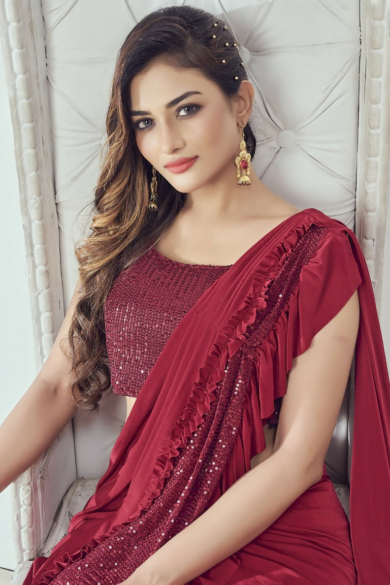 Mahotsav Women's Red Lycra Embellished Ready To Wear Saree With Stitched Blouse - Distacart