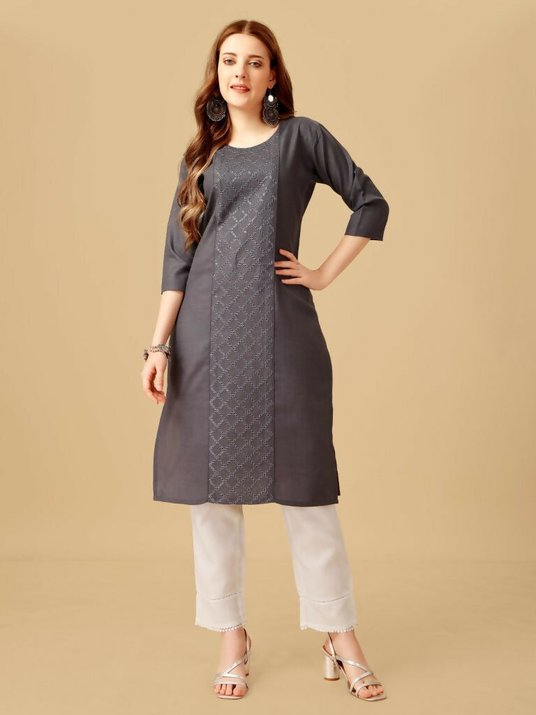 Jyoti Fashion Women's Grey Cotton Blend Embroidered Kurta Pant Set - Distacart