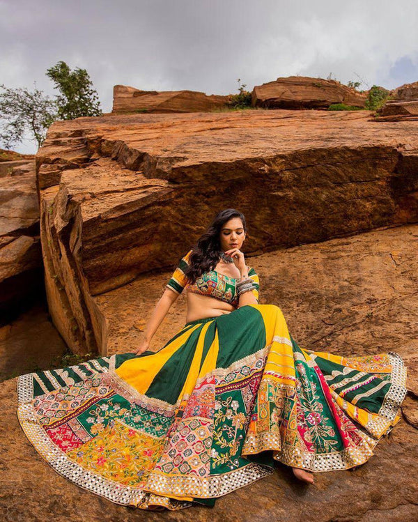 Malishka Muslin Cotton With Mirror Work Navratri Special Lehenga Choli Set - Multi - Distacart