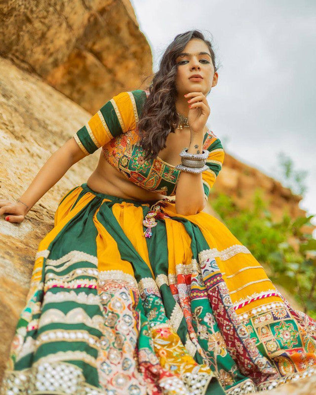 Malishka Muslin Cotton With Mirror Work Navratri Special Lehenga Choli Set - Multi - Distacart