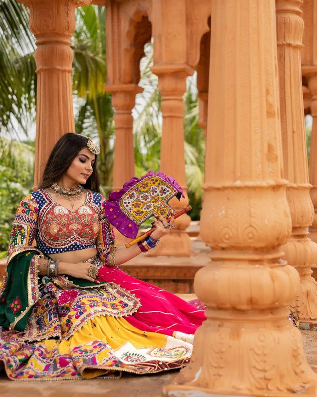 Malishka Muslin Cotton With Mirror Work Navratri Special Lehenga Choli Set - Multi - Distacart