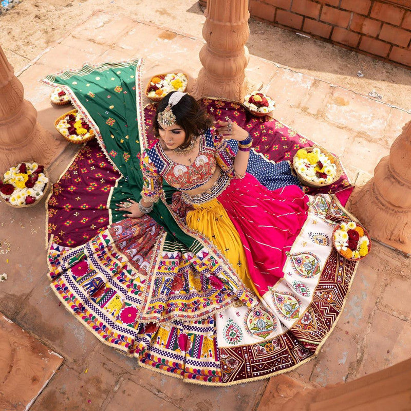 Malishka Muslin Cotton With Mirror Work Navratri Special Lehenga Choli Set - Multi - Distacart