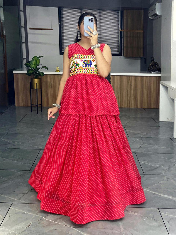 Malishka Georgette With Printed With Gamthi Work Navratri Special Lehenga Choli Set - Red - Distacart