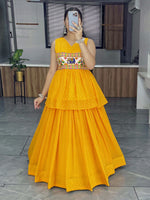 Thumbnail for Malishka Georgette With Printed With Gamthi Work Navratri Special Lehenga Choli Set - Yellow - Distacart