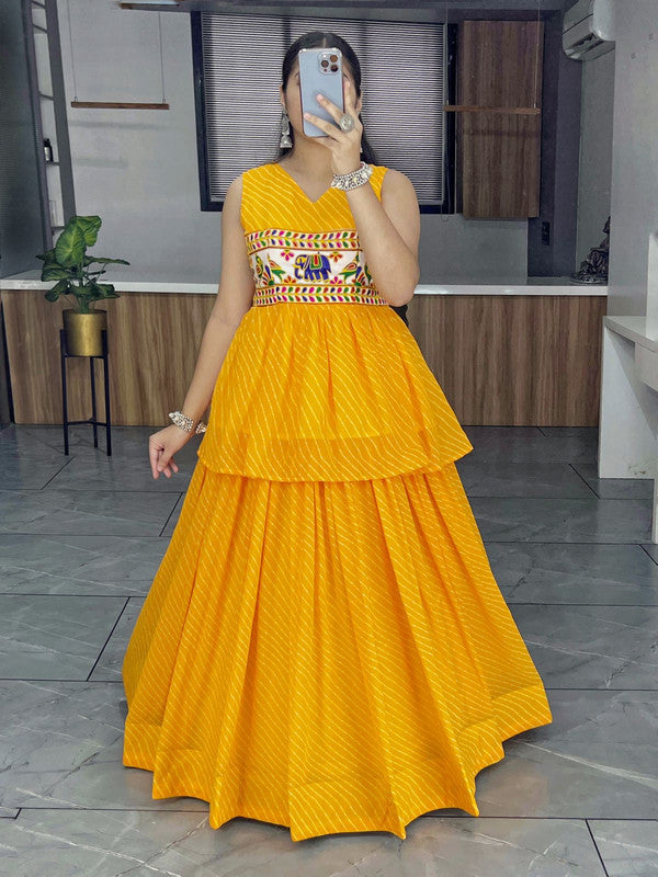 Malishka Georgette With Printed With Gamthi Work Navratri Special Lehenga Choli Set - Yellow - Distacart