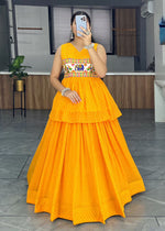 Thumbnail for Malishka Georgette With Printed With Gamthi Work Navratri Special Lehenga Choli Set - Yellow - Distacart