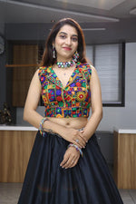 Thumbnail for Malishka Pure Rayon Cotton With Gamthi Work With Mirror Work Navratri Special Lehenga Choli Set - Black - Distacart
