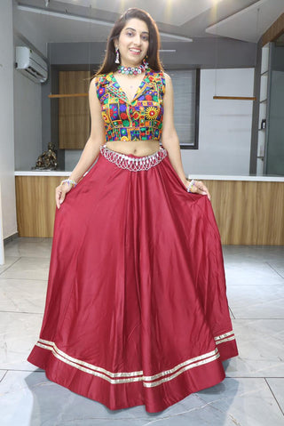 Malishka Pure Rayon Cotton With Gamthi Work With Mirror Work Navratri Special Lehenga Choli Set - Maroon - Distacart