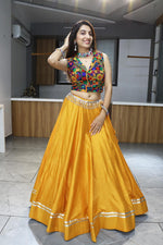 Thumbnail for Malishka Pure Rayon Cotton With Gamthi Work With Mirror Work Navratri Special Lehenga Choli Set - Mustard - Distacart