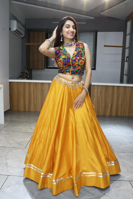 Malishka Pure Rayon Cotton With Gamthi Work With Mirror Work Navratri Special Lehenga Choli Set - Mustard - Distacart