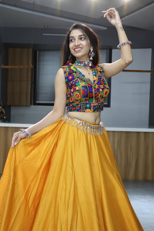 Malishka Pure Rayon Cotton With Gamthi Work With Mirror Work Navratri Special Lehenga Choli Set - Mustard - Distacart