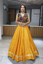 Thumbnail for Malishka Pure Rayon Cotton With Gamthi Work With Mirror Work Navratri Special Lehenga Choli Set - Mustard - Distacart