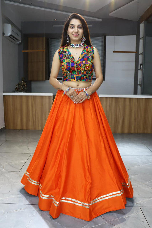 Malishka Pure Rayon Cotton With Gamthi Work With Mirror Work Navratri Special Lehenga Choli Set - Orange - Distacart