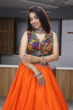 Thumbnail for Malishka Pure Rayon Cotton With Gamthi Work With Mirror Work Navratri Special Lehenga Choli Set - Orange - Distacart