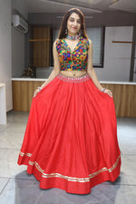 Thumbnail for Malishka Pure Rayon Cotton With Gamthi Work With Mirror Work Navratri Special Lehenga Choli Set - Red - Distacart