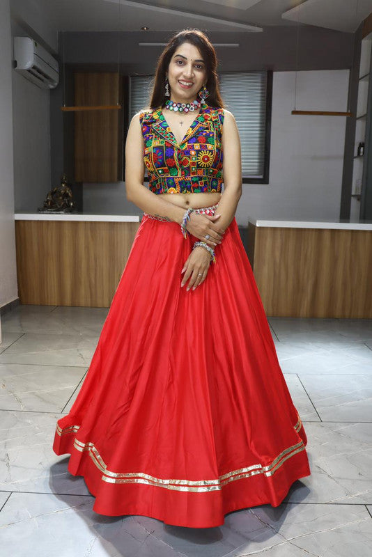 Malishka Pure Rayon Cotton With Gamthi Work With Mirror Work Navratri Special Lehenga Choli Set - Red - Distacart