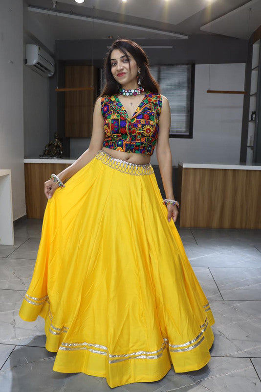 Malishka Pure Rayon Cotton With Gamthi Work With Mirror Work Navratri Special Lehenga Choli Set - Yellow - Distacart