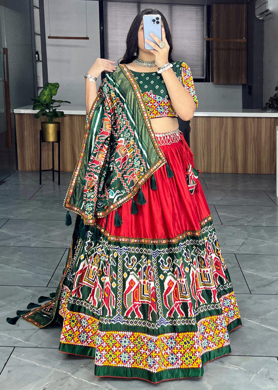 Malishka Dola Silk With Atola Print With Foil Work Navratri Special Lehenga Choli Set - Red - Distacart