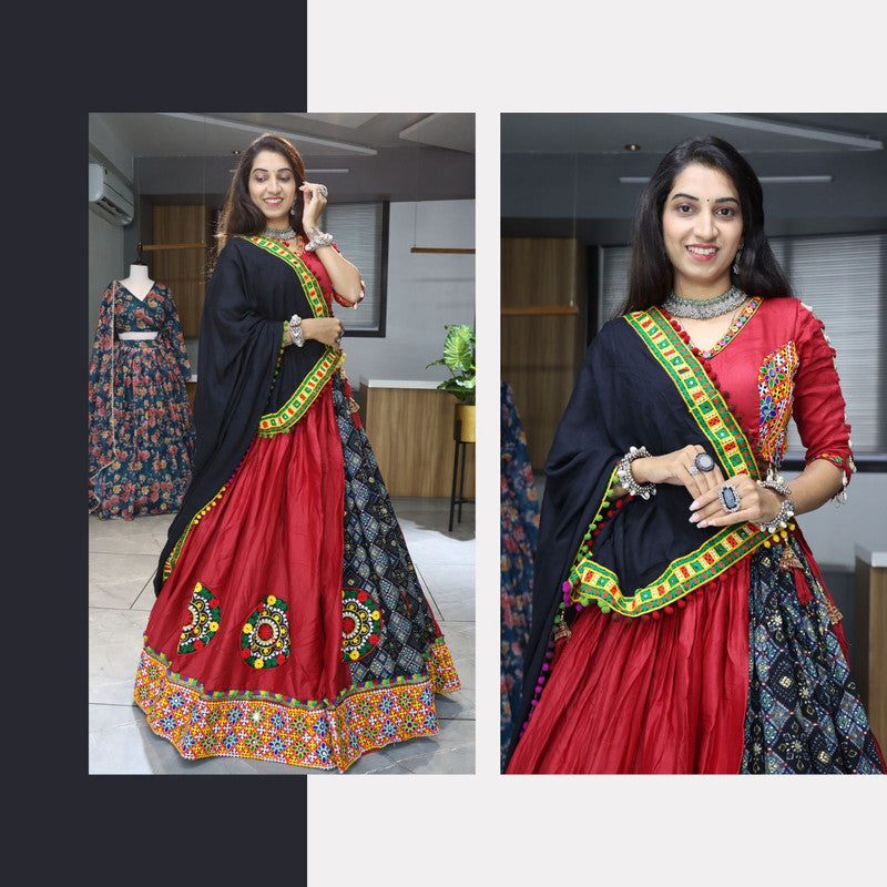 Malishka Pure Rayon Cotton With Gamthi Work Navratri Special Lehenga Choli Set - Maroon - Distacart