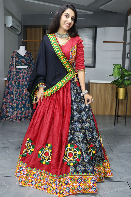 Malishka Pure Rayon Cotton With Gamthi Work Navratri Special Lehenga Choli Set - Maroon - Distacart