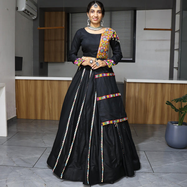 Malishka Rayon Cotton With Gamthi Work Navratri Special Lehenga Choli Set - Black - Distacart