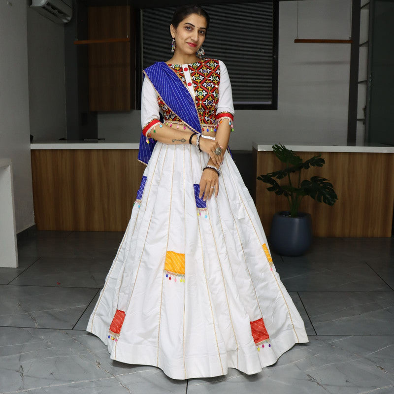 Malishka Pure Rayon Cotton With Gamthi Work Navratri Special Lehenga Choli Set - Blue - Distacart