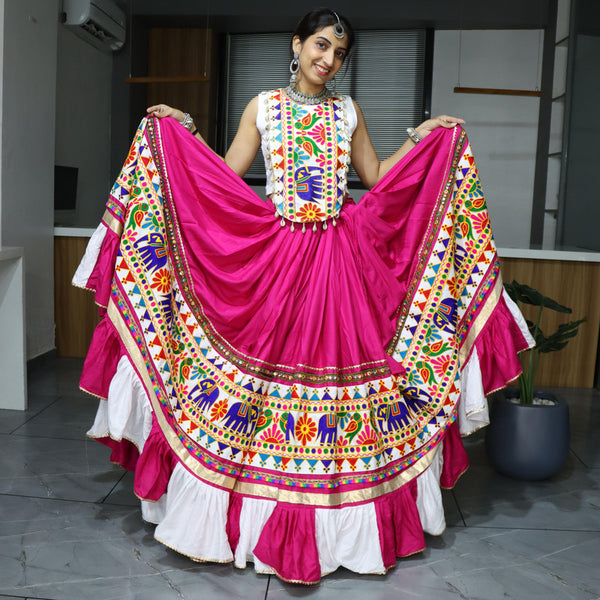 Malishka Pure Rayon Cotton With Traditional Work With Neck To Waist Belt Navratri Special Lehenga Choli Set - White - Distacart