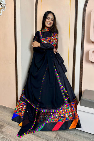 Malishka Magic Cotton With Gamthi Embroidery Navratri Special Lehenga Choli Set - Black - Distacart