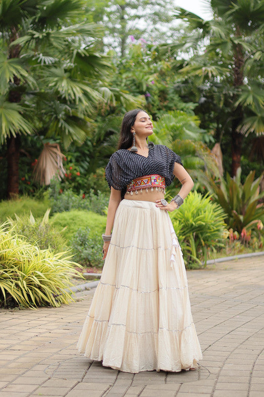 Malishka Kora Cotton With Leheriya Print Navratri Special Lehenga Choli Set - White - Distacart