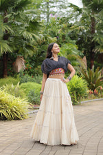 Thumbnail for Malishka Kora Cotton With Leheriya Print Navratri Special Lehenga Choli Set - White - Distacart