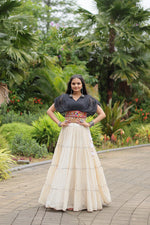 Thumbnail for Malishka Kora Cotton With Leheriya Print Navratri Special Lehenga Choli Set - White - Distacart