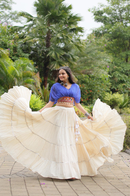Malishka Kora Cotton With Leheriya Print Navratri Special Lehenga Choli Set - White - Distacart