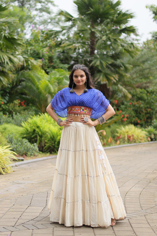 Malishka Kora Cotton With Leheriya Print Navratri Special Lehenga Choli Set - White - Distacart