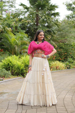 Thumbnail for Malishka Kora Cotton With Leheriya Print Navratri Special Lehenga Choli Set - White - Distacart