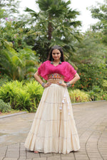 Thumbnail for Malishka Kora Cotton With Leheriya Print Navratri Special Lehenga Choli Set - White - Distacart