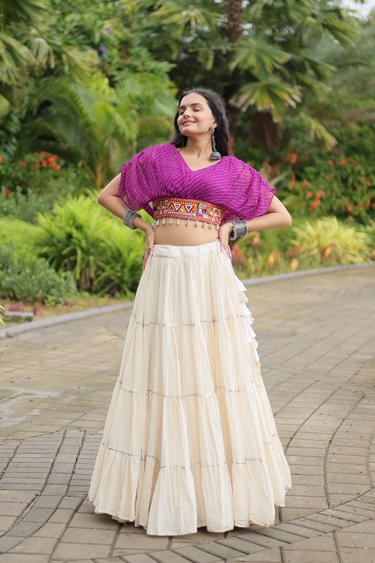 Malishka Kora Cotton With Leheriya Print Navratri Special Lehenga Choli Set - White - Distacart