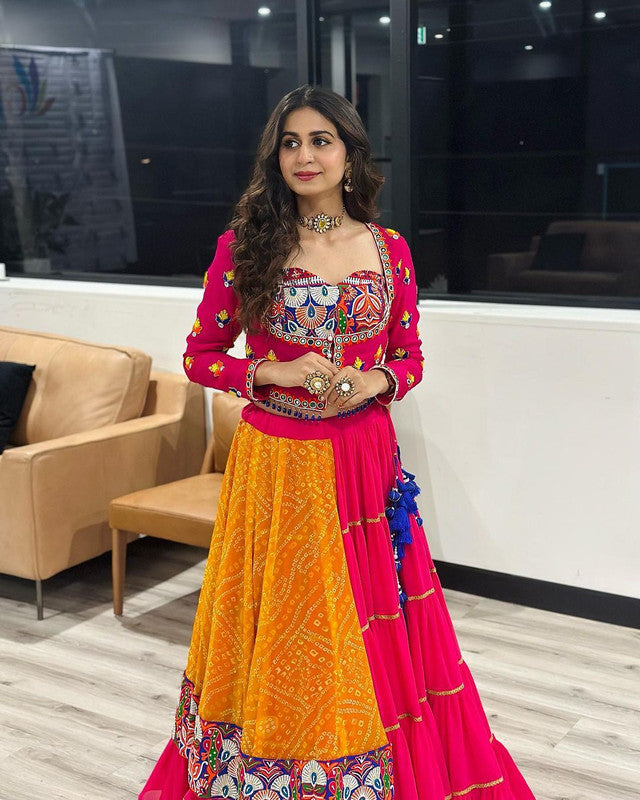 Malishka Faux Georgette With Chine Stitch With Real Mirror Work Navratri Special Lehenga Choli Set - Rani - Distacart