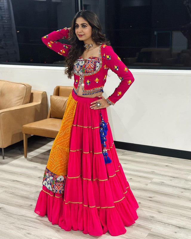 Malishka Faux Georgette With Chine Stitch With Real Mirror Work Navratri Special Lehenga Choli Set - Rani - Distacart
