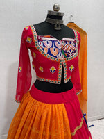 Thumbnail for Malishka Faux Georgette With Chine Stitch With Real Mirror Work Navratri Special Lehenga Choli Set - Rani - Distacart