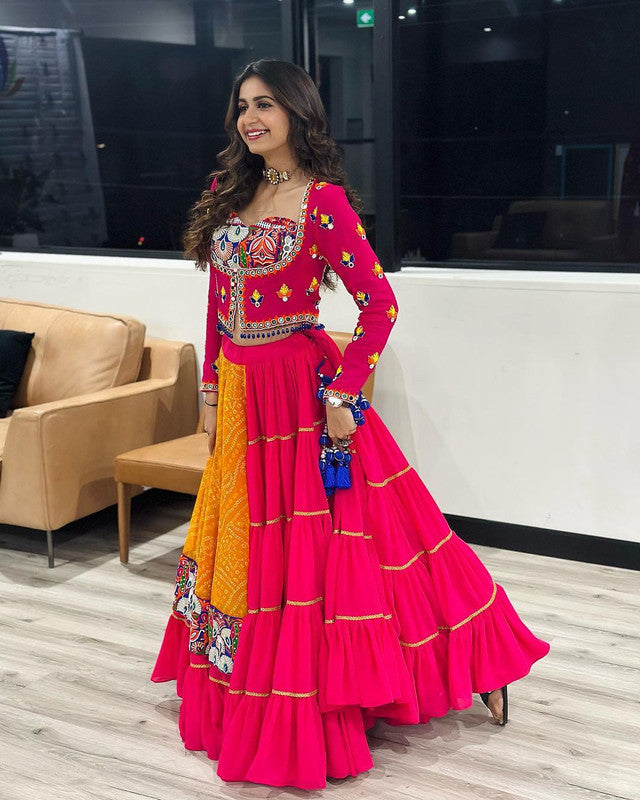 Malishka Faux Georgette With Chine Stitch With Real Mirror Work Navratri Special Lehenga Choli Set - Rani - Distacart