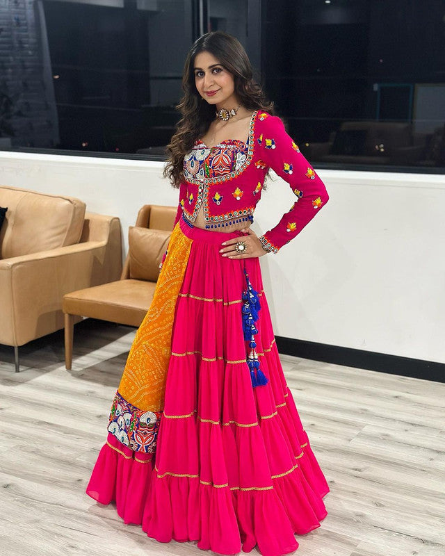 Malishka Faux Georgette With Chine Stitch With Real Mirror Work Navratri Special Lehenga Choli Set - Rani - Distacart