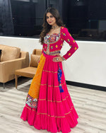 Thumbnail for Malishka Faux Georgette With Chine Stitch With Real Mirror Work Navratri Special Lehenga Choli Set - Rani - Distacart