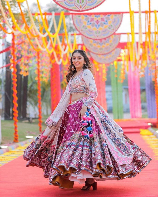 Malishka Butter Silk With Mirror Work Navratri Special Lehenga Choli Set - White-Marun - Distacart