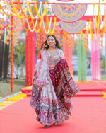 Thumbnail for Malishka Butter Silk With Mirror Work Navratri Special Lehenga Choli Set - White-Marun - Distacart