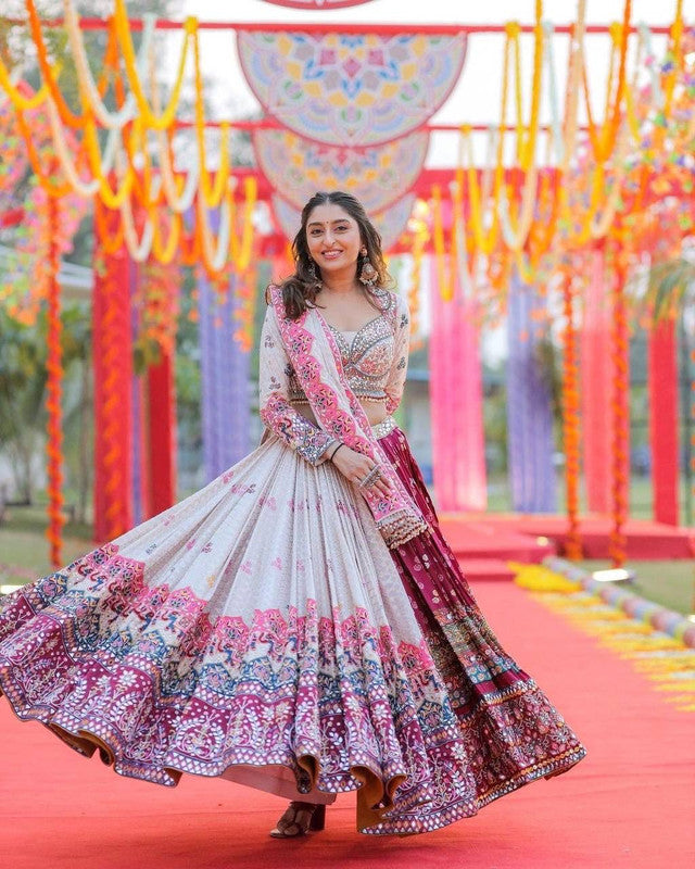 Malishka Butter Silk With Mirror Work Navratri Special Lehenga Choli Set - White-Marun - Distacart