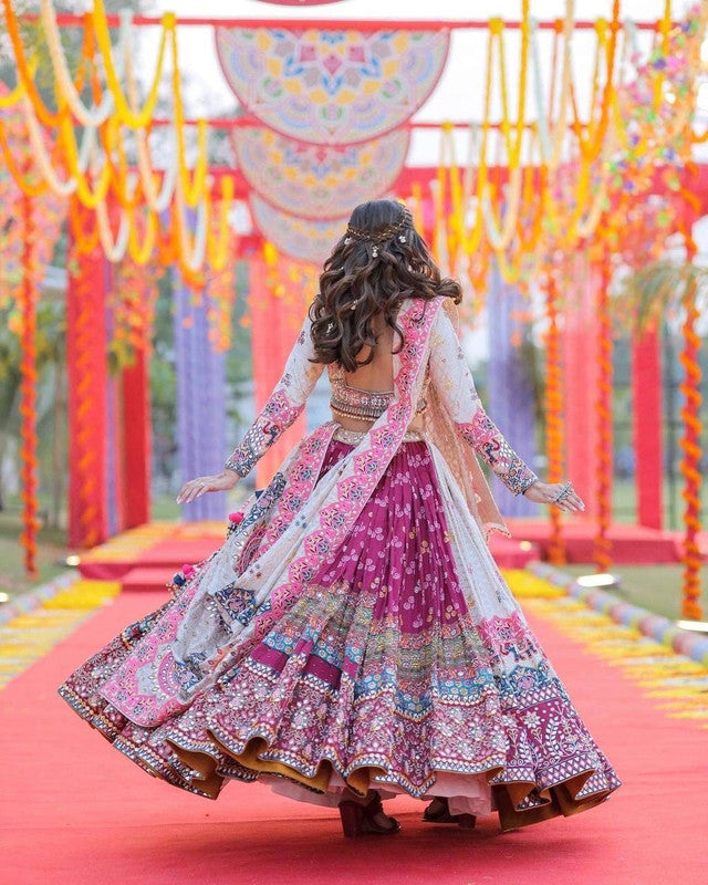 Malishka Butter Silk With Mirror Work Navratri Special Lehenga Choli Set - White-Marun - Distacart