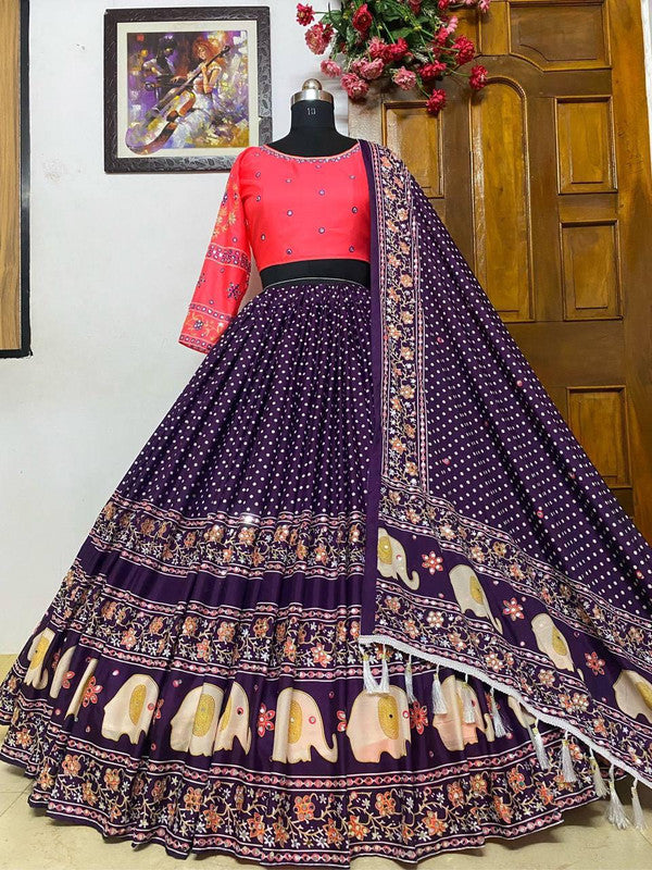 Malishka Butter Silk With Mirror Work Navratri Special Lehenga Choli Set - Navy Blue - Distacart