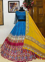 Thumbnail for Malishka Butter Silk With Mirror Work Navratri Special Lehenga Choli Set - Blue - Distacart