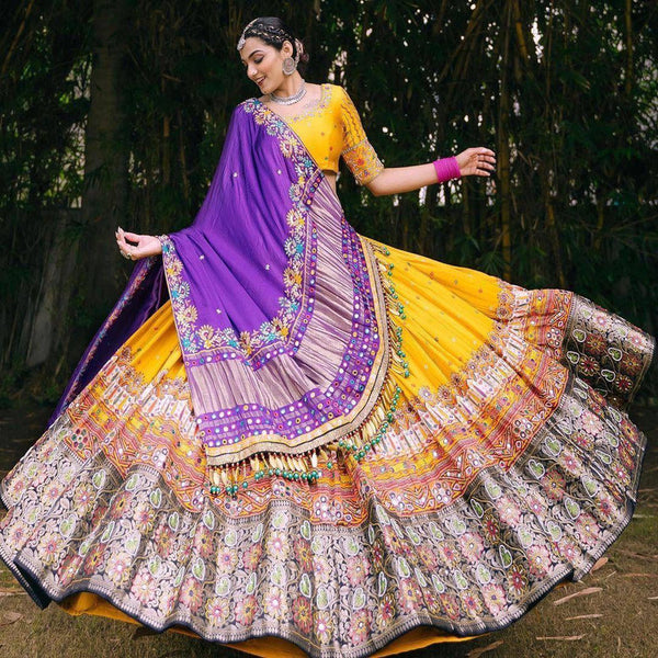 Malishka Butter Silk With Mirror Work Navratri Special Lehenga Choli Set - Yellow - Distacart